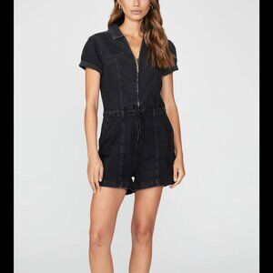 Paige Romper Womens 8 Black Meg Short Sleeve Tie Waist Collared Zip Front Washed